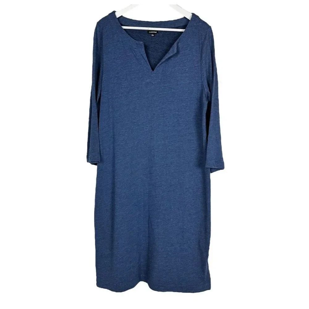 J. Peterman Dress Large Blue Cotton Blend V neck
